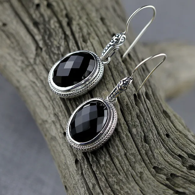 Bali India Nepal Handmade Black Stone 925 Sterling Silver Drop Bali India Nepal Handmade Black Stone 925 Sterling Silver Drop Earrings For Women Ellipse Jewelry