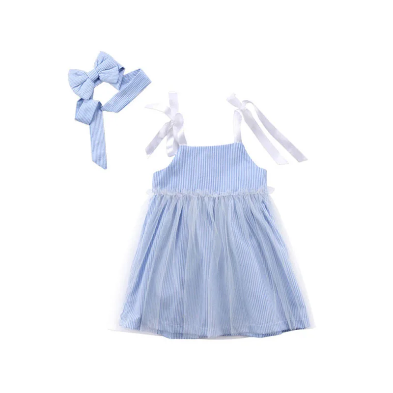 

2017 SweetToddler Baby Girls Sleeveless Off Shoulder Striped Lace Blue Princess Dress Sundress Headband 2PCS Outfit Summer Party