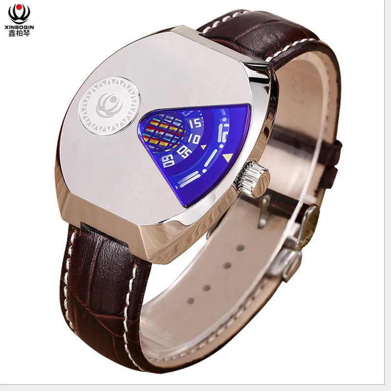 Креативный бренд Для мужчин кожаный ремешок кварцевые часы Pointerless концепция наручные часы, кварцевые наручные Водонепроницаемый наручные часы защитный Роман Montre из алюминиевого сплава - Цвет: Leather Purple Glass
