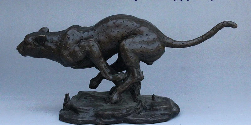 

12" Old China FengShui Bronze Auspicious Running Leopard Panther Cheetah Statue