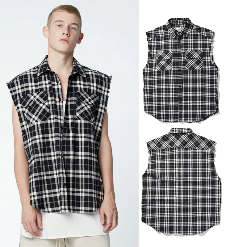 Mens Sleeveless Dress Shirts Online Shopping-the World Largest streetwear flannel imported brand mens clothing FOG black white sleeveless zipper plaid shirt dress new model - Mens Sleeveless Dress Shirts Online Shopping-the World Largest
