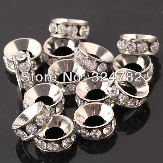 Wholesale 100PCS/LOT 8mm Silver Plated White Crystal Rhinestones Sideways Spacer Big Hole Charm