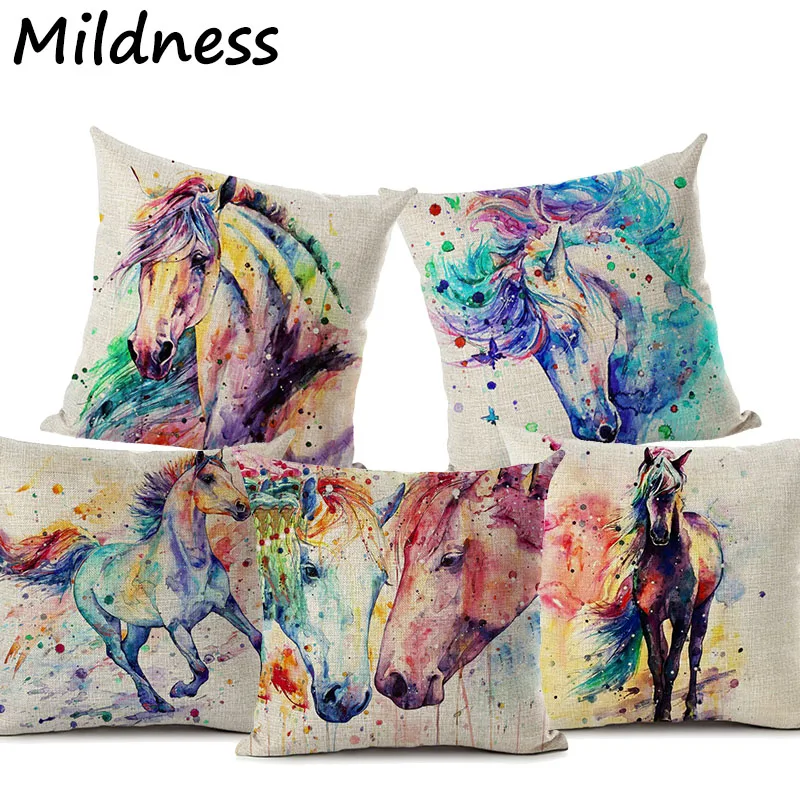 

Animal Horse Watercolor Painting Cotton Linen Pillow Case Decorative Office Home Throw Pillow Cover Coussin Almofada Cojines