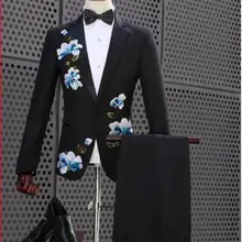 Модные черные костюмы для мужчин хорошего качества блейзер с цветами брюки комплект одежды мужские для певицы для сцены костюм вечернее платье