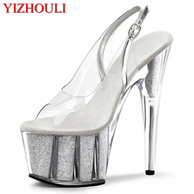 

The 15cm ultra high heel fashion transparent crystal sandals, the summer new model wearing trendy outside Dance Shoes