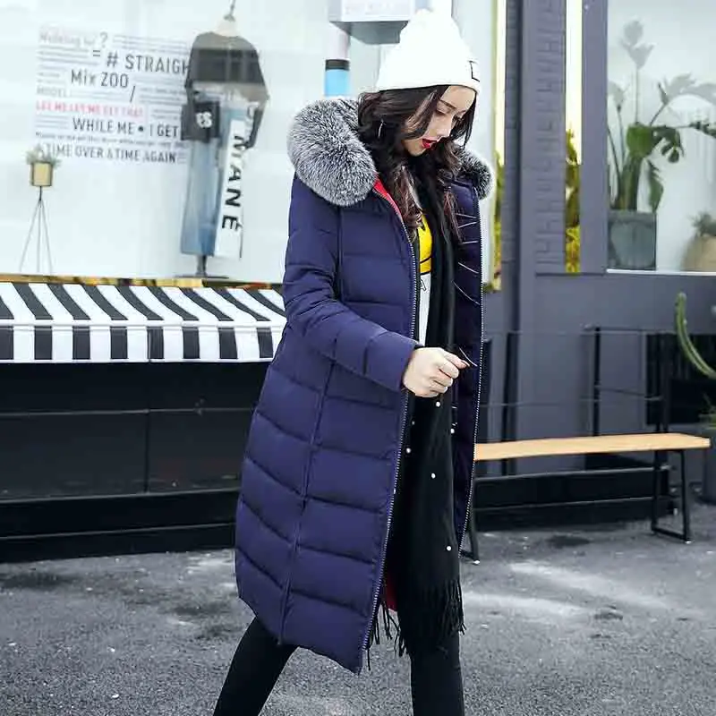 Зимние Для женщин пальто с капюшоном меховой воротник теплая плотная длинная стеганая куртка с принтом двойной 2 боковых парка для женщин размера плюс, верхняя одежда - Цвет: Синий