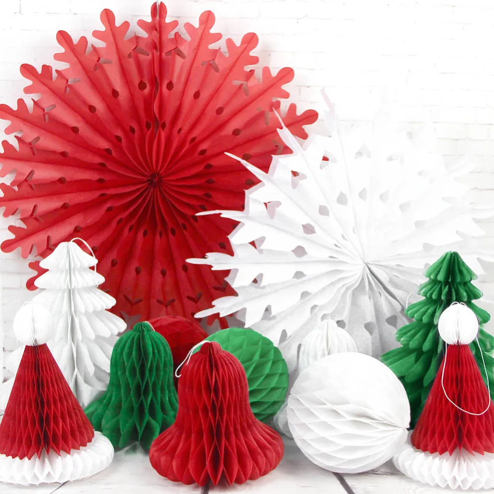 Set of 12 Christmas Honeycomb Paper Decorations(Honeycomb Bell, Tree, Santa Hat,Snowflake Fans,Ball) Party Hanging Decor (6)