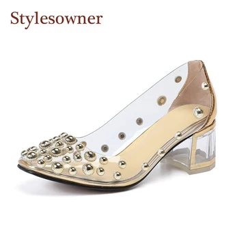

Stylesowner Rivet Women Sandals Solid Square Heel Woman Fashion Party Dress Shoes Female Summer New Transparent Slip on Shoe