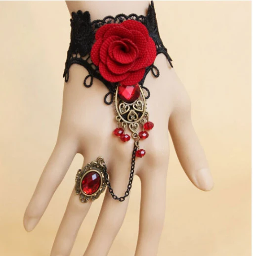 

2019 New Gothic Retro Lace Red Big Rose Bracelet Baroque Black Lace Bracelets Bangles For Women Halloween AB286