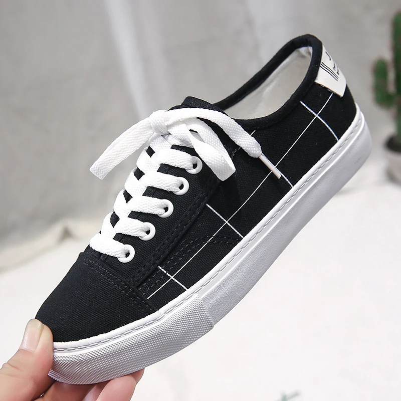

Fashion Plaid Women Casual Shoes Women Vulcanized Shoes 2019 Spring Sneakers Ladies Lace-up Canvas Shoes Non-slip Student Flats