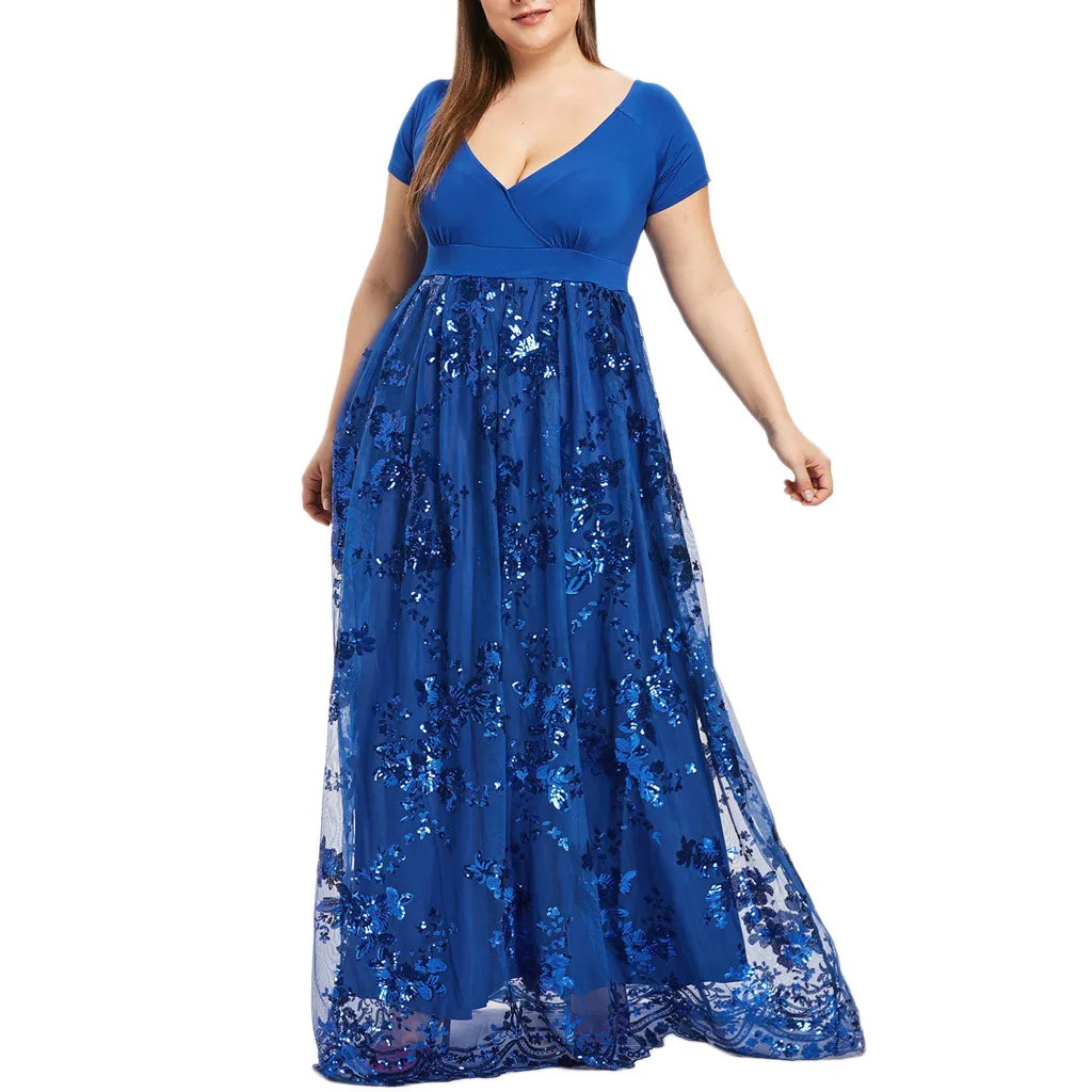 JAYCOSIN одежда платье размера плюс женское с v-образным вырезом с коротким рукавом Цветочное с блестками вечернее Сетчатое платье - Цвет: Blue