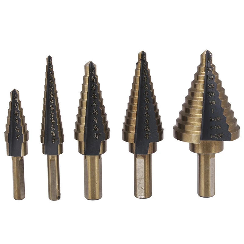 

5pcs English Ladder Drill Bit Set Triangular Shank High Dpeed Spiral Groove Aluminum Boxed Stepped Metal Drilling Bits