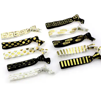 

5/8"16mm 100 pcs/pack Gold Foil Leaf Stripe Dot Patterns Printed Fold Over Elastic Ribbon Knotted Hair Tie Bracelet Holder 9.5cm