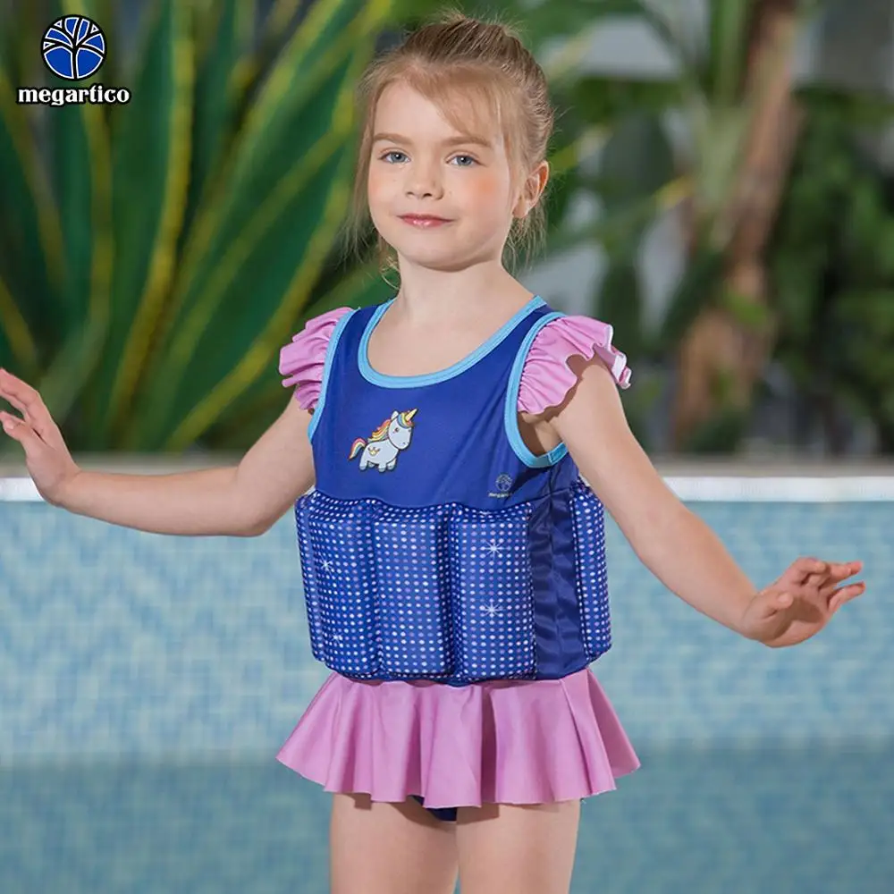 

Megartico Life Jacket Kids Blue Unicorn Floating Swimsuit Girls One-Piece Swimwear For Toddler Swim Learning Ruffle Float Suit