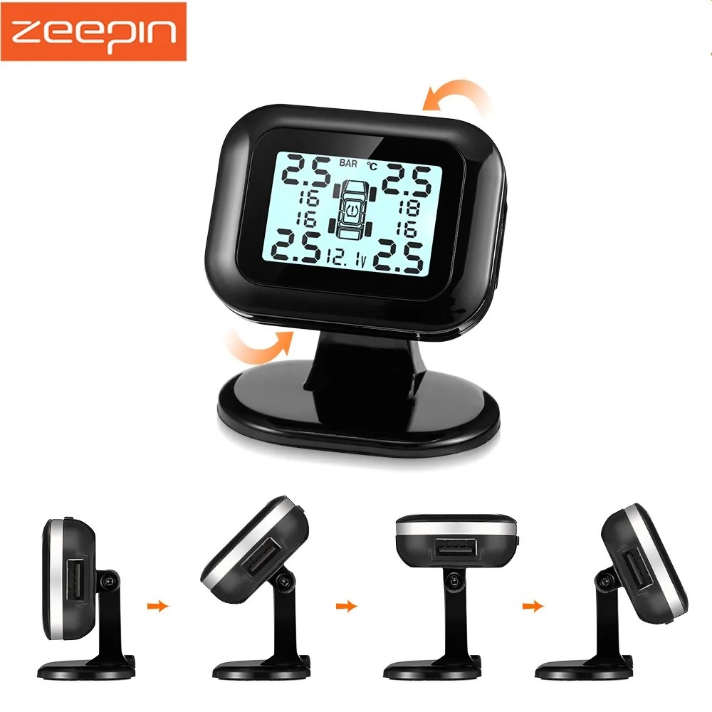 

ZEEPIN C120 USB TPMS 5V Adjustable HD LCD Screen Universal Car Tire Pressure Monitoring System With 4 External Sensors
