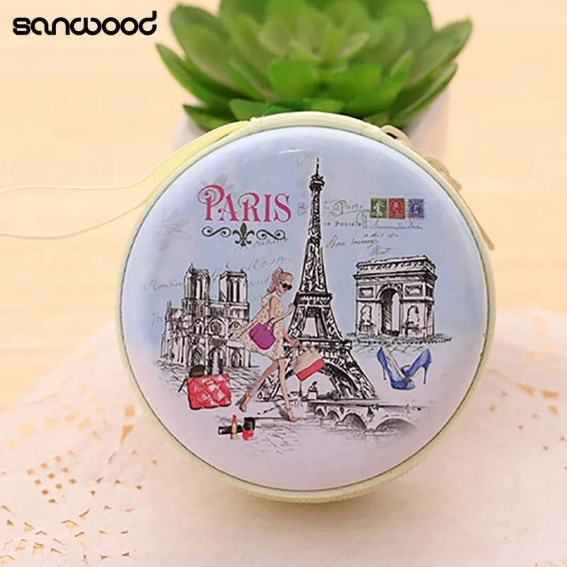 Portable Lovely Round Wallet Cartoon Eiffel Tower Earphone Key Holder Case Bag
