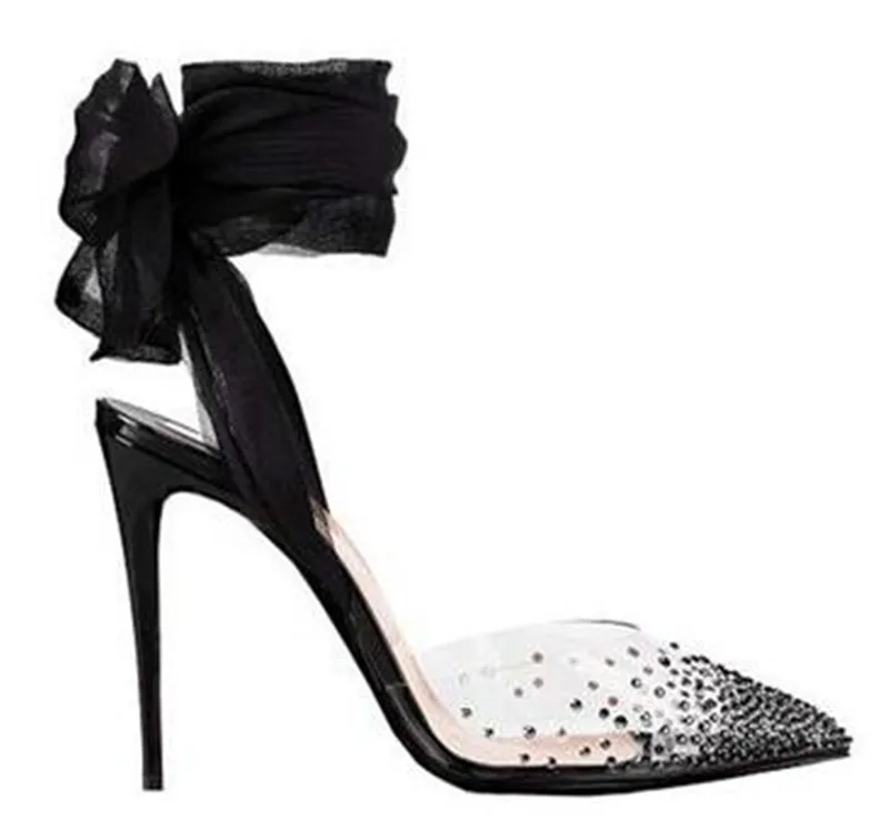 Фирменный дизайн; Для женщин модные острый носок ПВХ Стразы шпильки туфли-лодочки на каблуке с ремешком и на шнуровке крест Черный, красный, белый цвета с украшением в виде кристаллов на высоком каблуке - Цвет: as picture