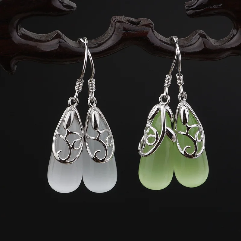 

925 Sterling Ssilver Green/White Opal/Cat eye Stone Dangle Earrings For Women water-drop Earrings Vintage Jewelry Gift J1902