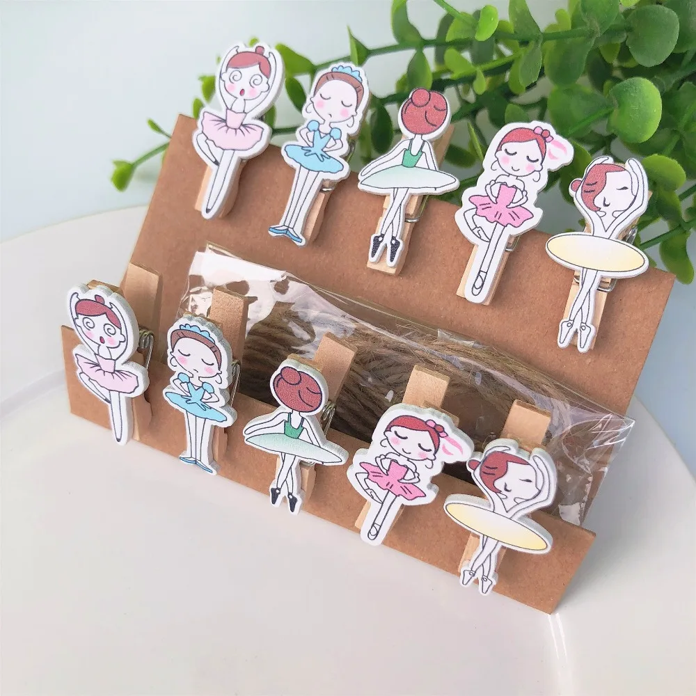 

10 Pcs/Set Beautiful Ballet Girl Wooden Clip Photo Clips Party Decoration Clip with Hemp Rope