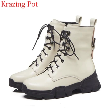 

Superstar Genuine Leather Winter Shoes Streetwear Med Heels Motorcycle Boots Round Toe Classics Lace Up Women Ankle Boots L82