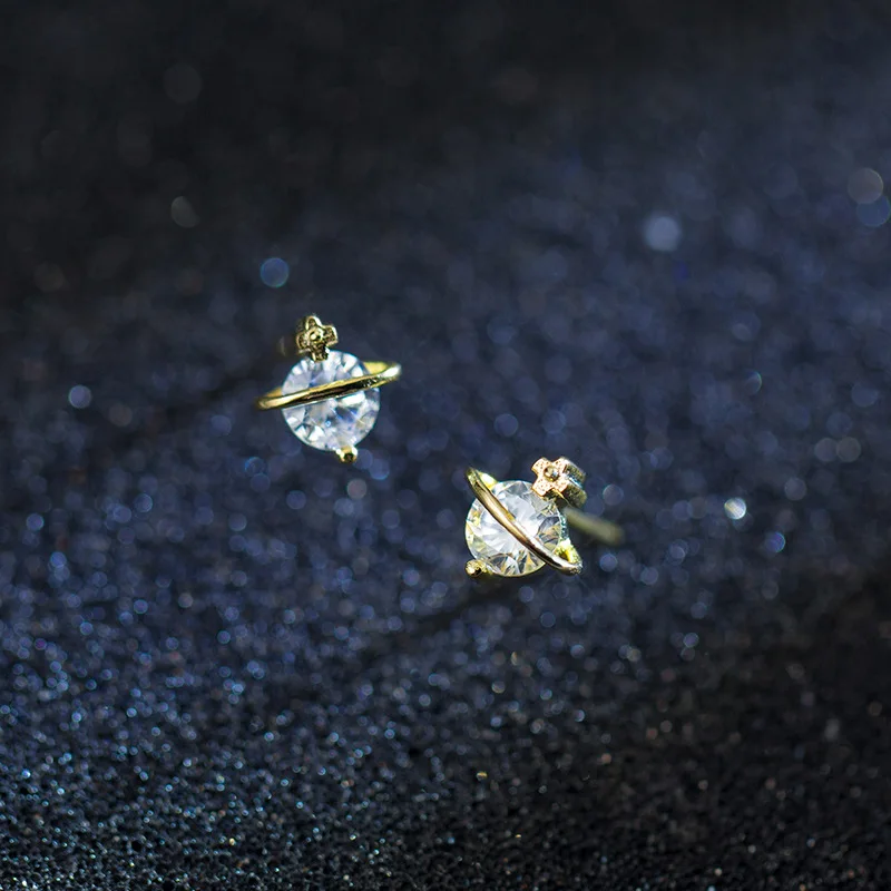 

MloveAcc Genuine 100% 925 Sterling Silver Luminous Clear CZ Saturn Stud Earrings Fashion Gold Color Women Silver Earrings