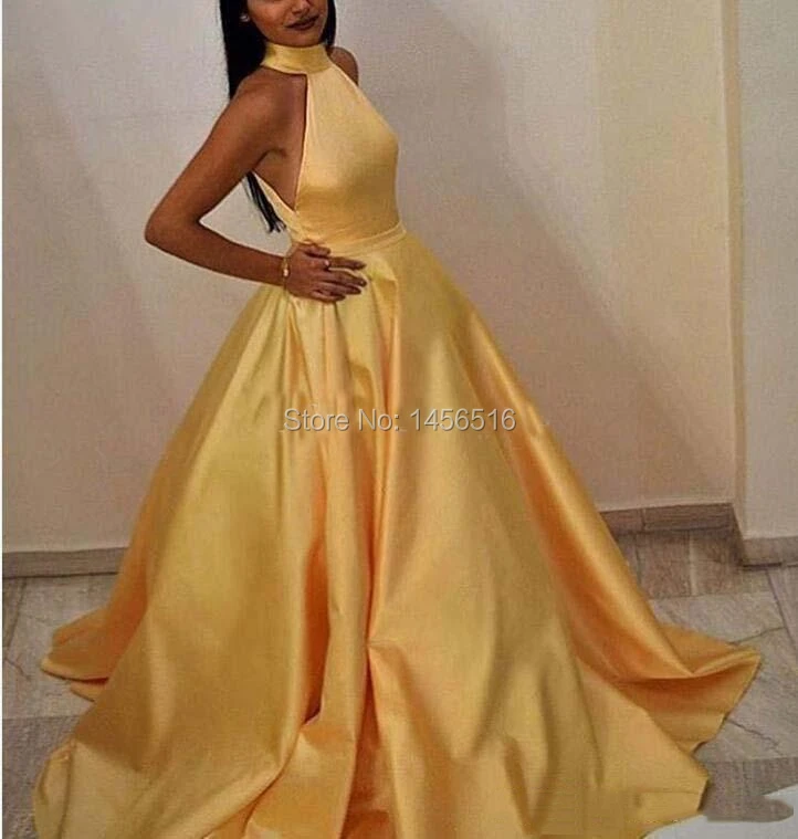 Elegant Evening Dresses Muslim Women A-Line Halter Floor Length Long Yellow Pockets Sexy Satin Prom Dresses Pageant Celebrity Party Gowns (3)