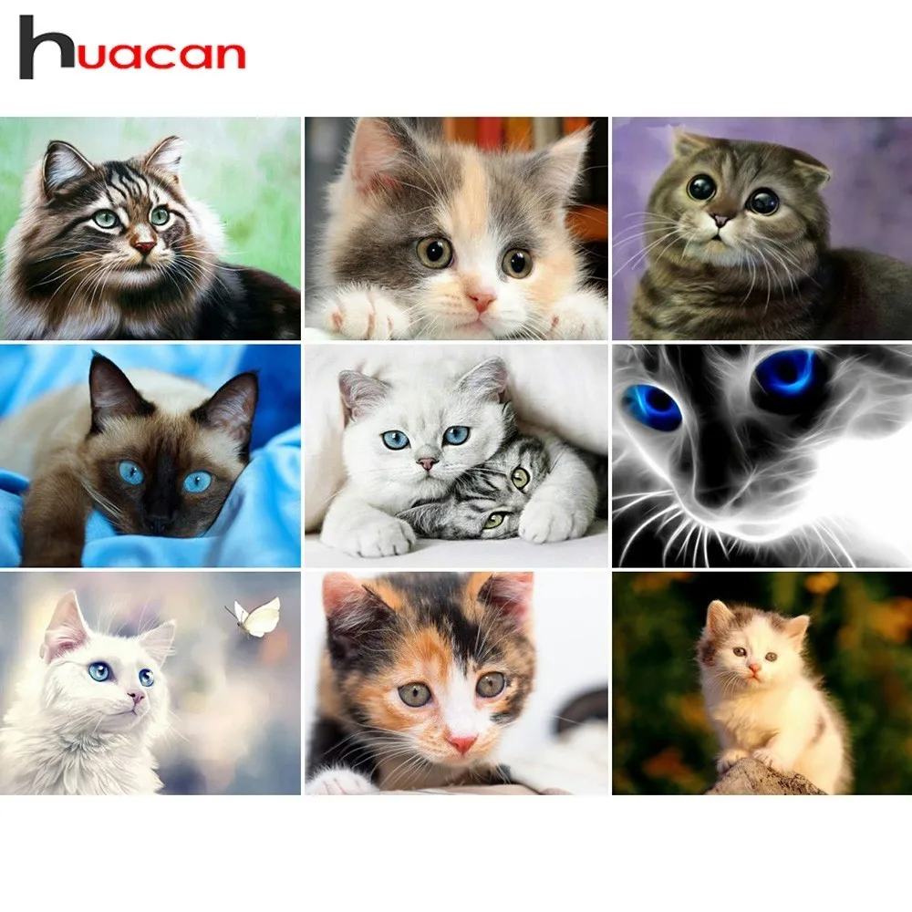 Алмазная вышивка huacan Cats, алмазная картина, полностью квадратная, животные, стразы, вышивка бисером, Алмазная мозаика, декор для стен