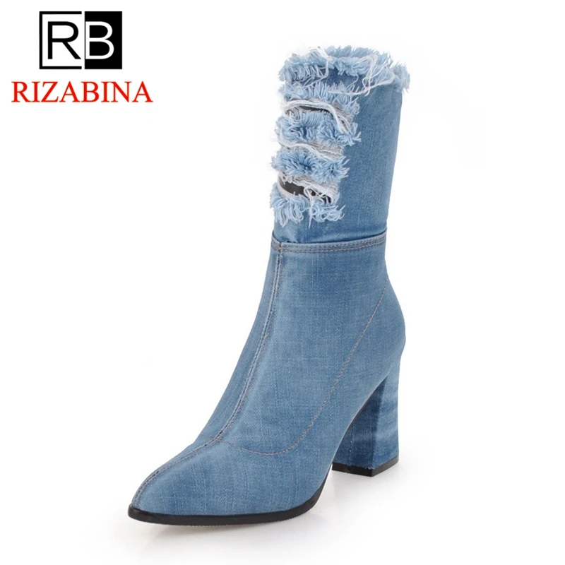 

RizaBina Size 34-43 Woman High Heel Boots Deinm Women's Shoes Zipper Mid Calf Boots Elegant Fashion Shoes Woman Footwear