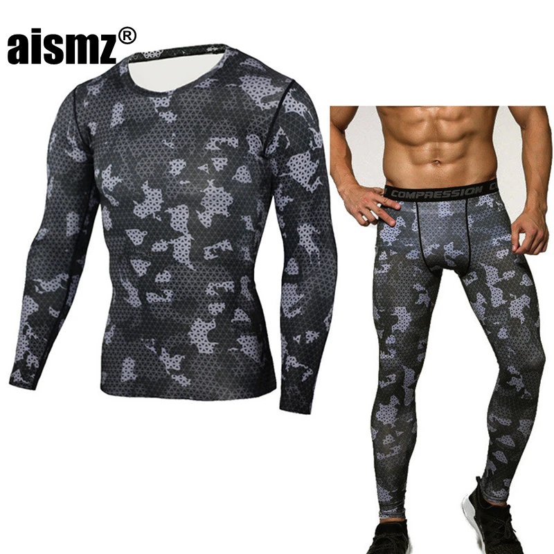 Aismz Камуфляжный спортивный костюм для мужчин термобелье с длинным рукавом термобелье MMA rash guard комплект для мужчин crossfit компрессионная