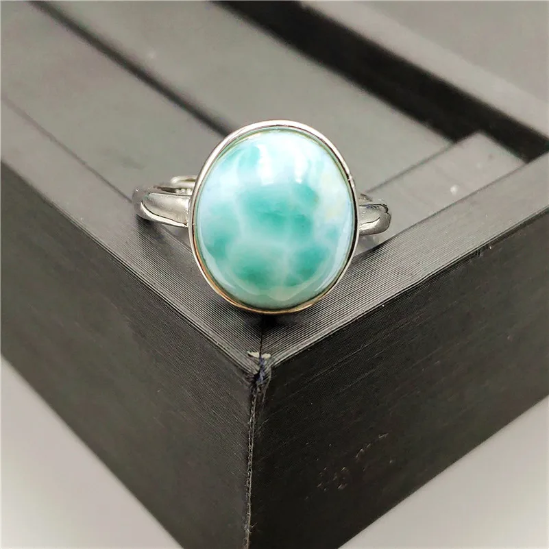 Genuine Natural Larimar Gemstone Ring 14x13mm Stone Adjustable 925 Sterling Silver For Woman Man Fashion Wedding Engagement Ring