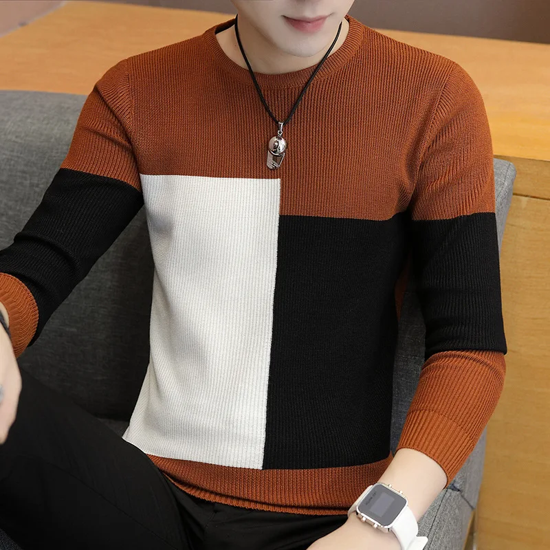LEFT ROM 2019 Autumn Casual Men's Sweater O-Neck Slim Fit Knittwear Mens Color matching Sweaters Pu