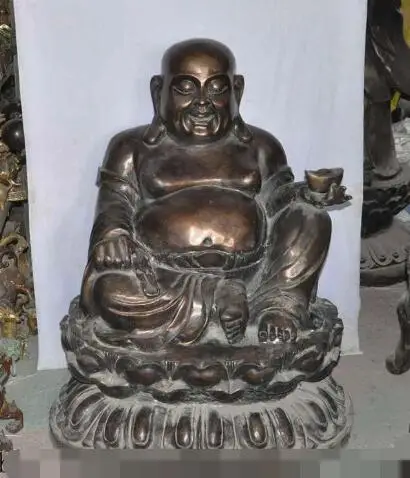 

S3245 40"china buddhism bronze copper wealth yuanbao lotus seat Maitreya Buddha statue