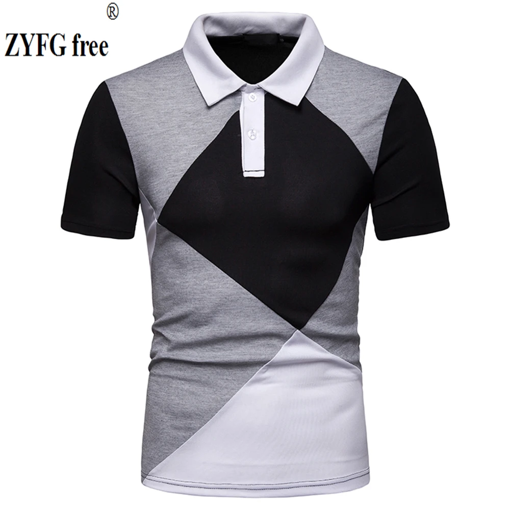 

Simple casual style men's T-shirt contrast color stitching turn-down collar t-shirts breathable slim men's tops