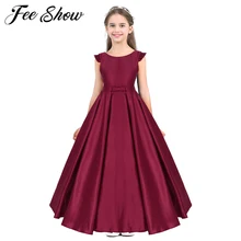 Детское атласное платье с оборками и рукавами-крылышками и бантом для девочек; платье принцессы с цветочным узором для торжеств; платье подружки невесты на свадьбу; платье для дня рождения