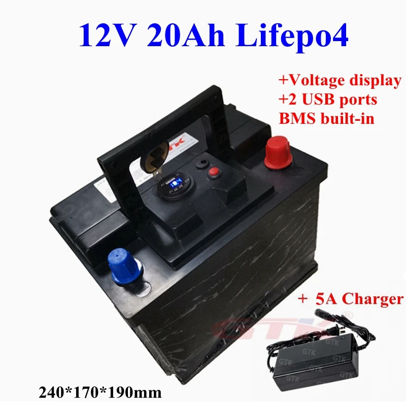 Portable 12v 20Ah lifepo4 battery pack with USB port ABS case for
