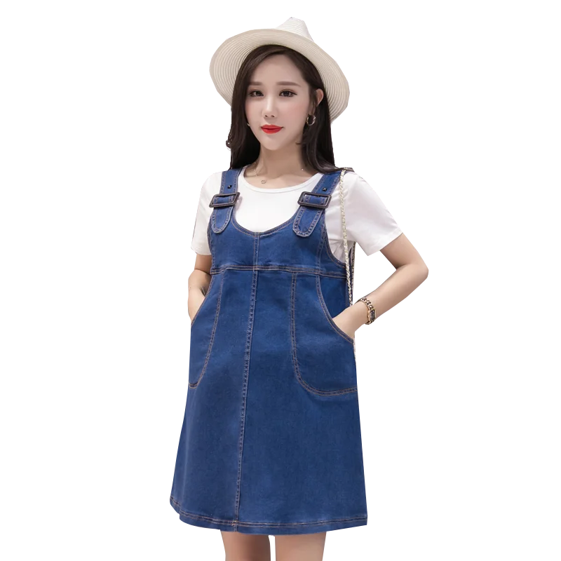 

Pengpious pregnant women shoulder-straps summer denim dress with pockets plus size preppy style maternity sundress cotton dress