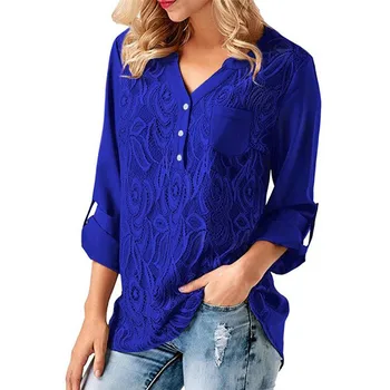 

Three Quarter Sleeve Deep V Neck Chiffon Blouse of Large Size Women's Shirts Asymmetric Summer Cheap Clothes China Blusas