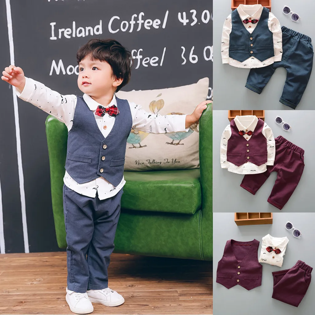 

ONTO-MATO Elegant Boy Clothes Gentleman Cartoon Shirt Tops+Waistcoat+Solid Long Pants Kid Baby Outfit Set Clothes #1972