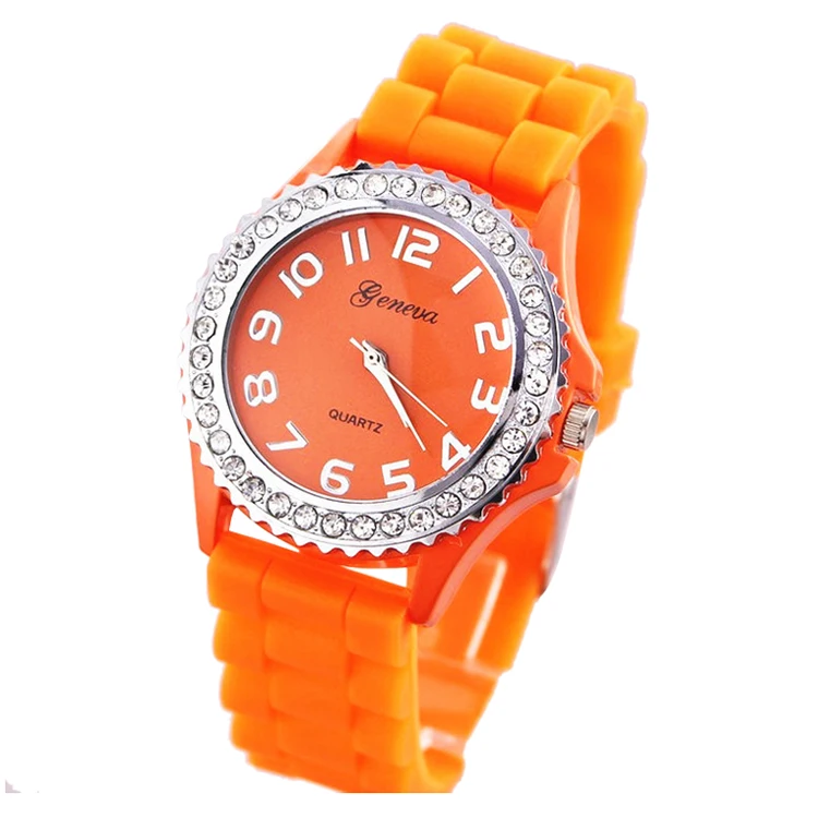 

Geneva Platinum CZ Accented Silicon Link Watch Large Face Applied Orange