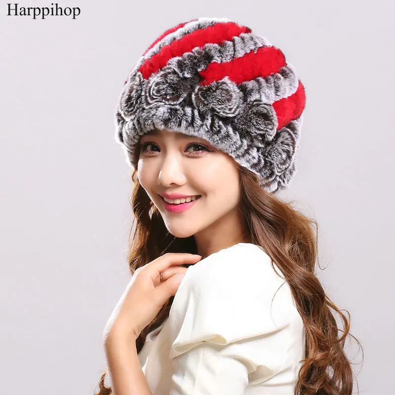 

2017 new Hot Sales Women's Hats Winter Handmade Knitted Natural Rex Rabbit Fur Beanies With Fur Flowers Braid Hat Female