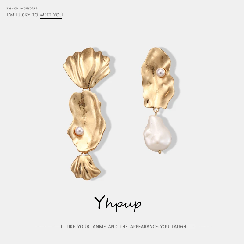 

Yhpup Stylish Geometric Zinc Alloy Dangle Earrings Vintage Asymmetry Natural Pearls Earrings Oorbellen for Women Party Jewelry