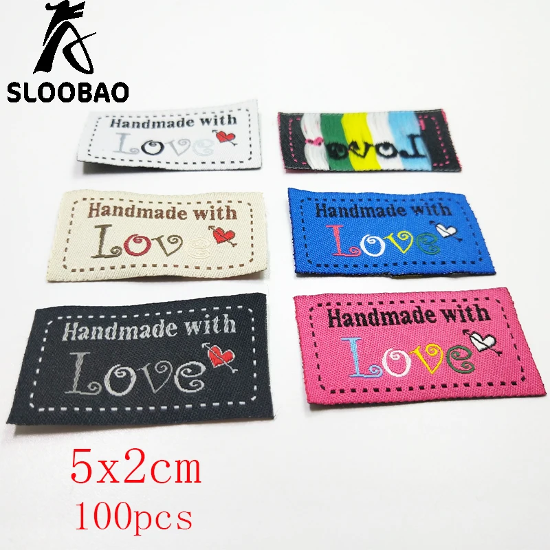 

Sloobao 100pcs hand made love heart labels woven Clothing Labels Embossed Tags DIY Flag Labels For Garment Sewing Accessores