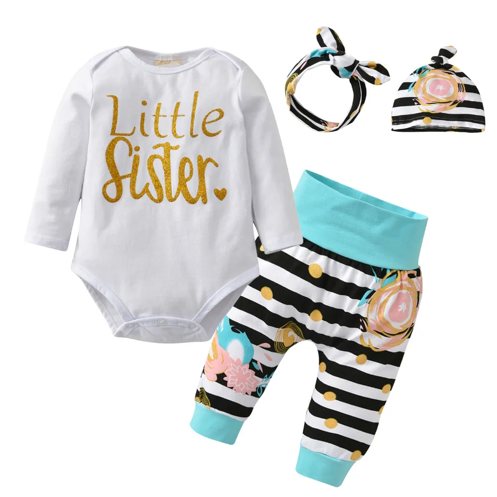 4 предмета, Одежда для новорожденных девочек одежда для маленькой сестры комбинезон с надписью+ штаны в полоску+ шапочка+ повязка на голову, комплект одежды для малышей