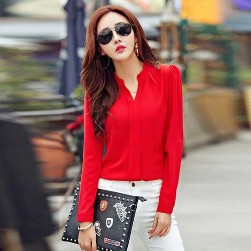 Lange Mouwen Vrouwen Herfst Kleding Mode Slanke Chiffon Blouse V-hals Koreaanse Elegante Dames Office Shirts Wit Rood DF2324