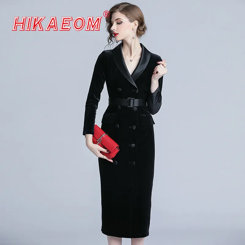 

Dress Women Velvet Turn-down Collar Double Breasted Spring Office Lady Long Sleeve Mid-calf Dresses Sheath Patchwork Vestido