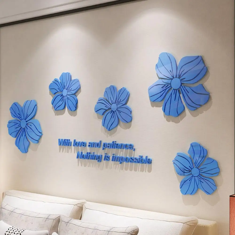 Акриловые Настенные Стикеры с серебристыми цветами, простые домашние 3D настенные стикеры s для гостиной, разные цвета, декоративные обои для комнаты - Цвет: sky blue