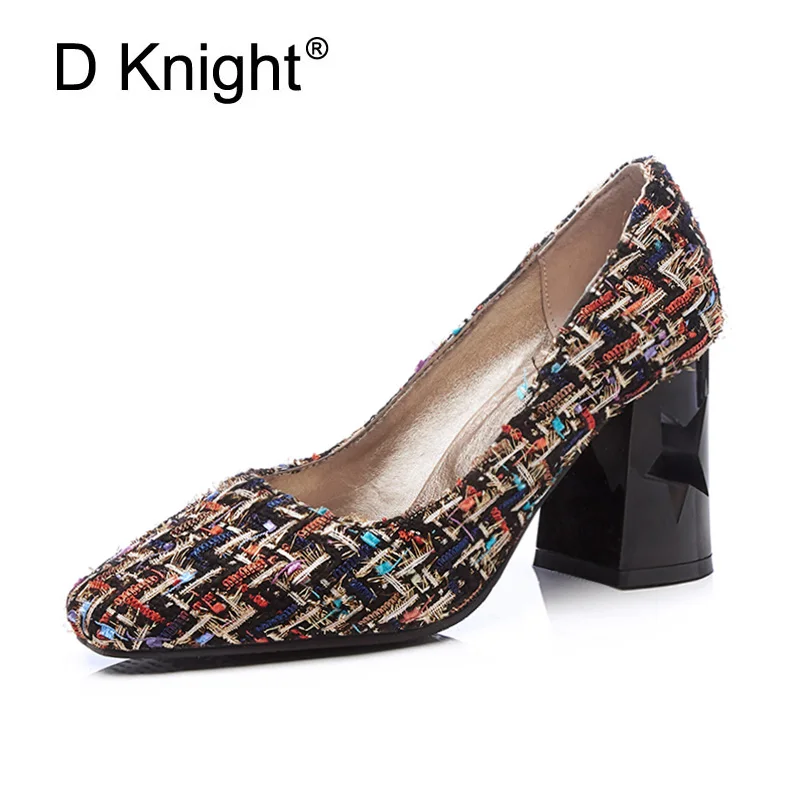 

D Knight Women Pumps Fashion Plus Size 32-43 Elegant Round Toe Square High Heels New Ladies Woman Shoes Black White Flower I88