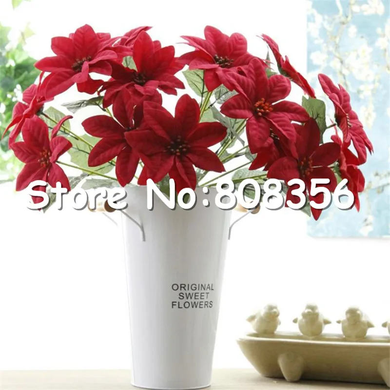 Искусственные Пуансеттия(5 головок/шт), рождественский цветок для витрины для дома Свадебные Декоративные искусственные цветы SL