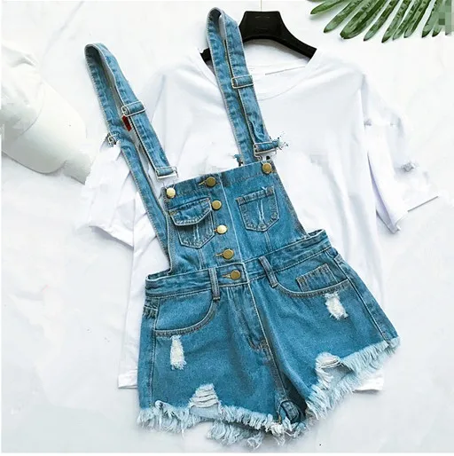 Джинсовый комбинезон, женские летние джинсовые комбинезоны с высокой талией и дырками, свободные шорты - Цвет: Синий