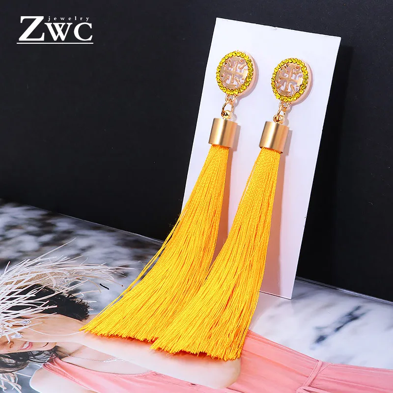 ZWC, Модный кристалл, Длинная кисточка, висячие серьги для женщин, женские богемные Этнические красные и черные Ювелирные серьги с бахромой оптом - Окраска металла: YellowB